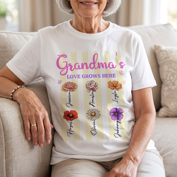 Grandma's-Garden-Birth-Flower-With-Stripe-Personalized-Shirt-1