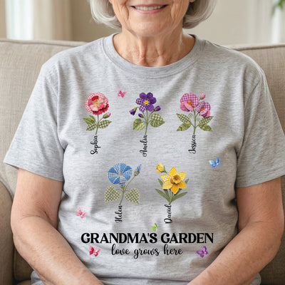 Grandma's Garden Love Grows Here Patchwork Birth Flower - Personalized Shirt
