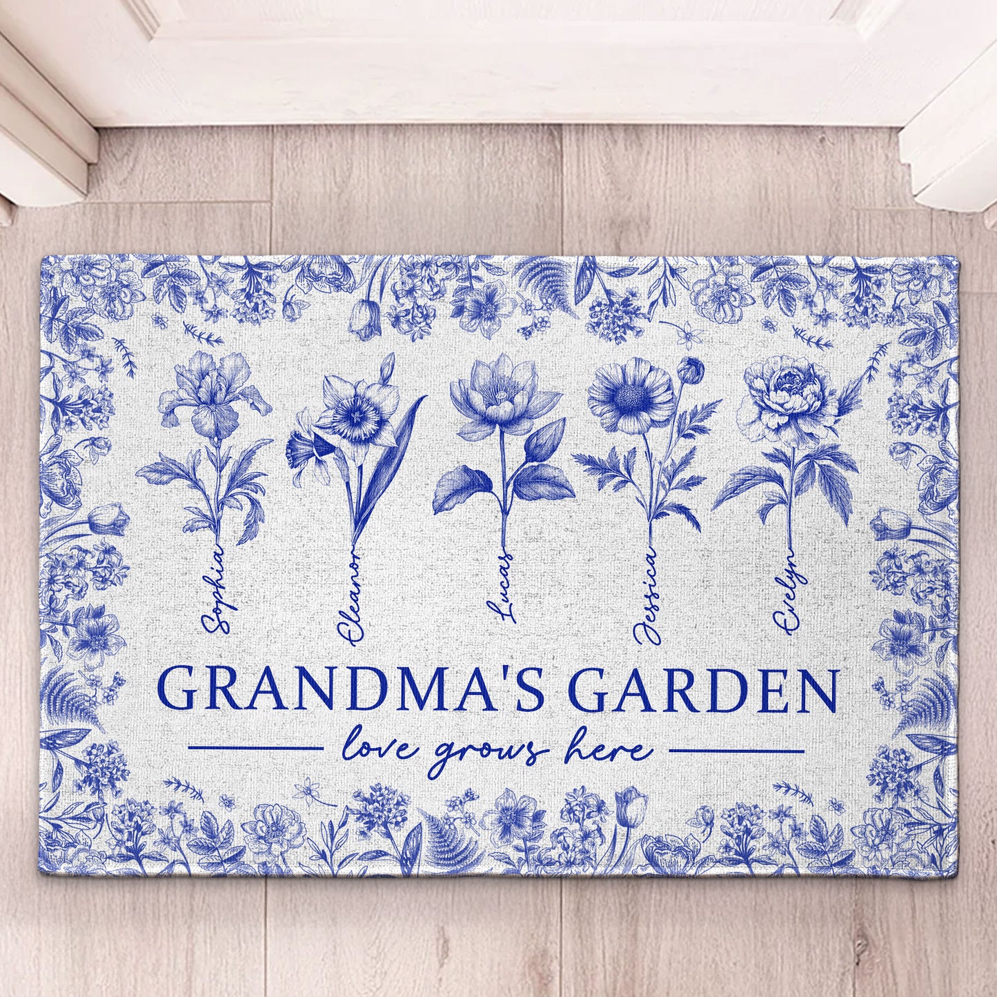 Grandma's Garden Love Grows Here Toile De Jouy - Personalized Doormat