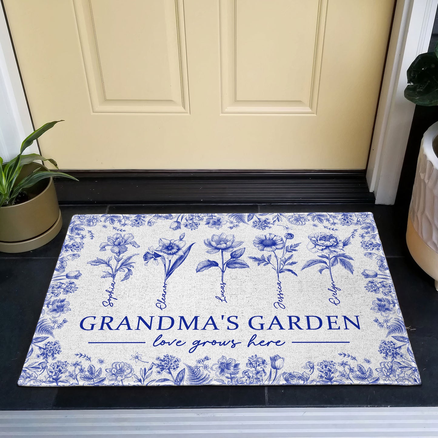 Grandma's Garden Love Grows Here Toile De Jouy - Personalized Doormat