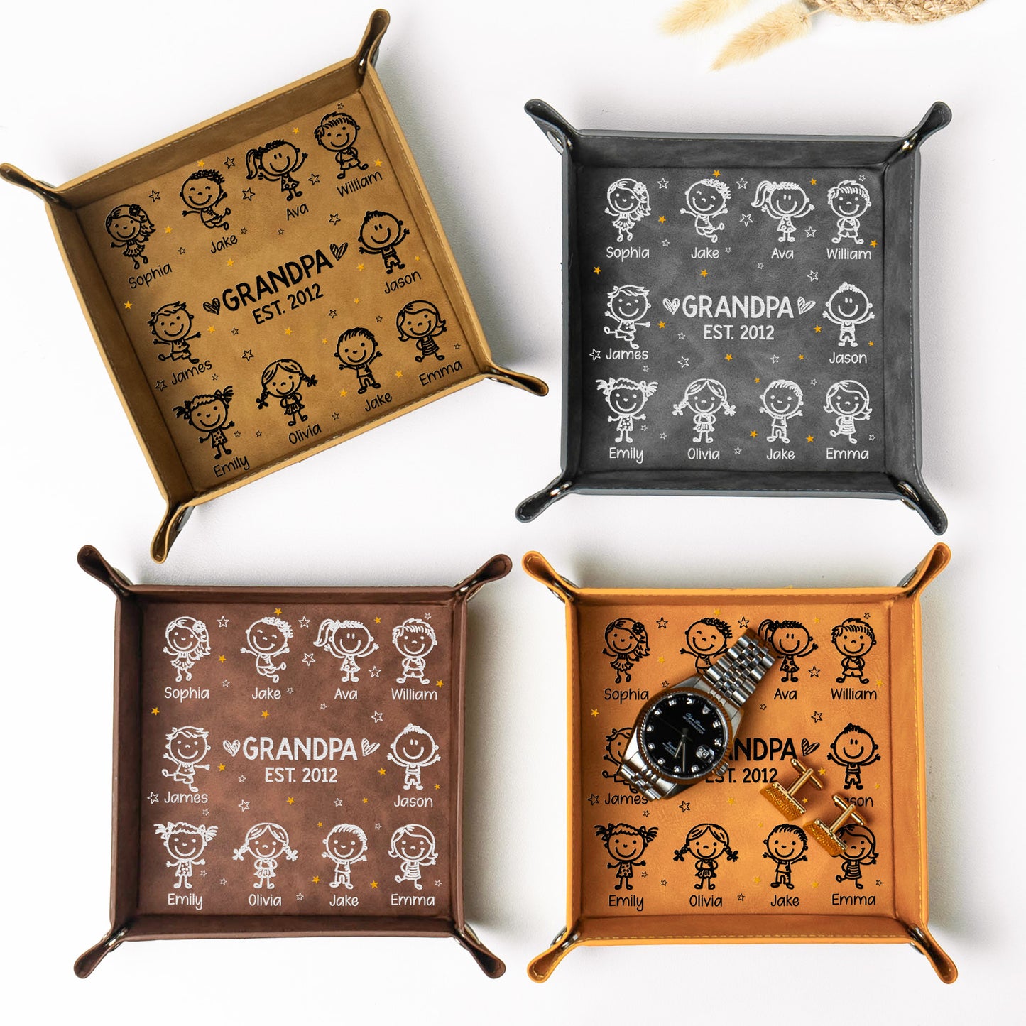 Grandpa Est With Grandkids Doodle - Personalized Leather Valet Tray