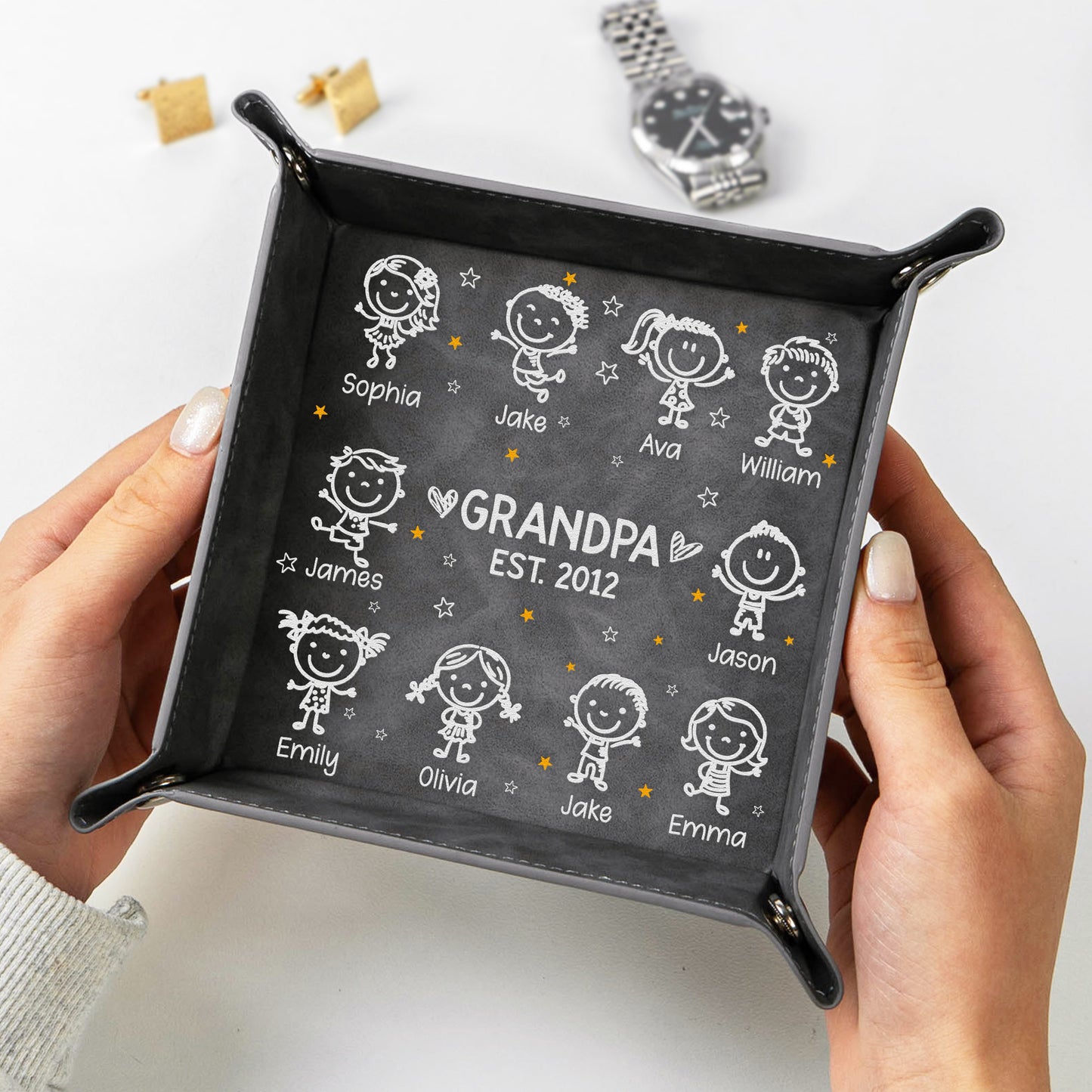 Grandpa Est With Grandkids Doodle - Personalized Leather Valet Tray