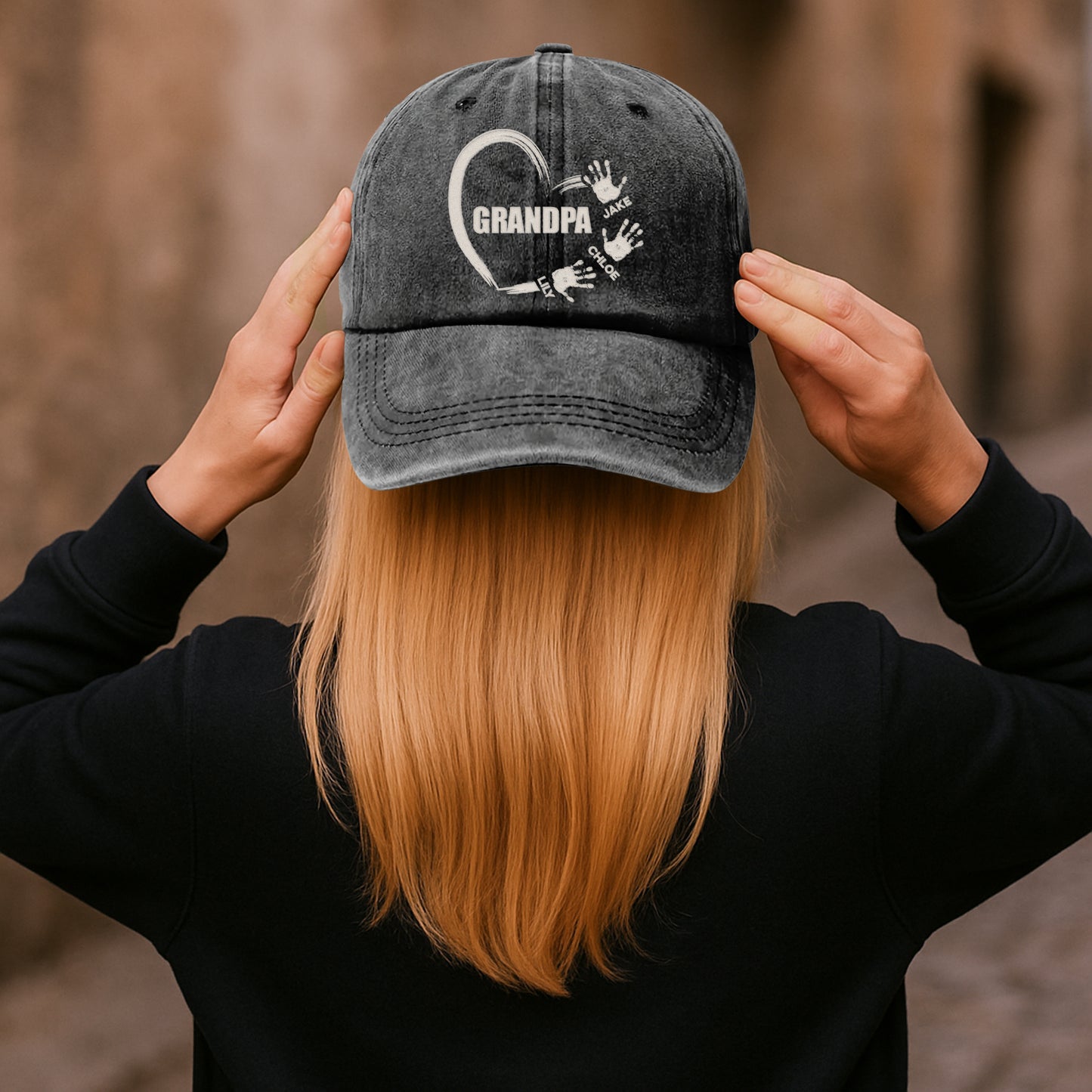 Grandpa Love Handprints - Personalized Distressed Denim Cap