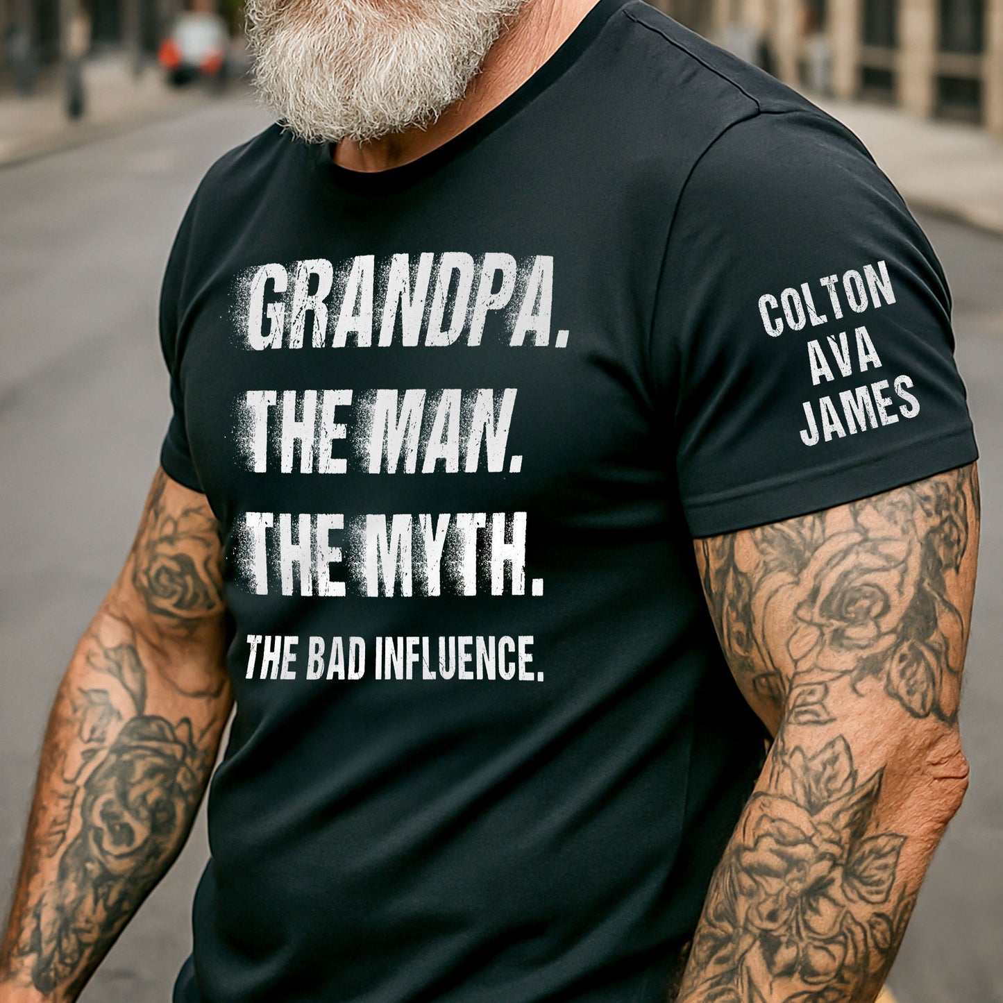 Grandpa The Man The Myth The Bad Influence Custom With Grandkids' Names - Personalized Shirt