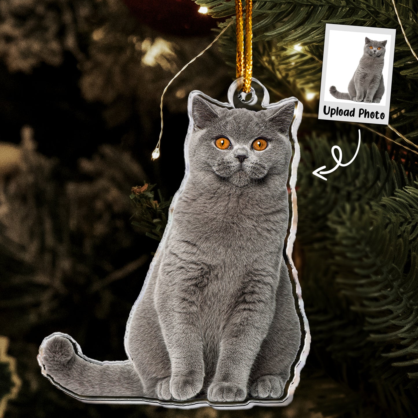 Gray Cat Ornament - Grey Cat Ornament - Personalized Acrylic Photo Ornament