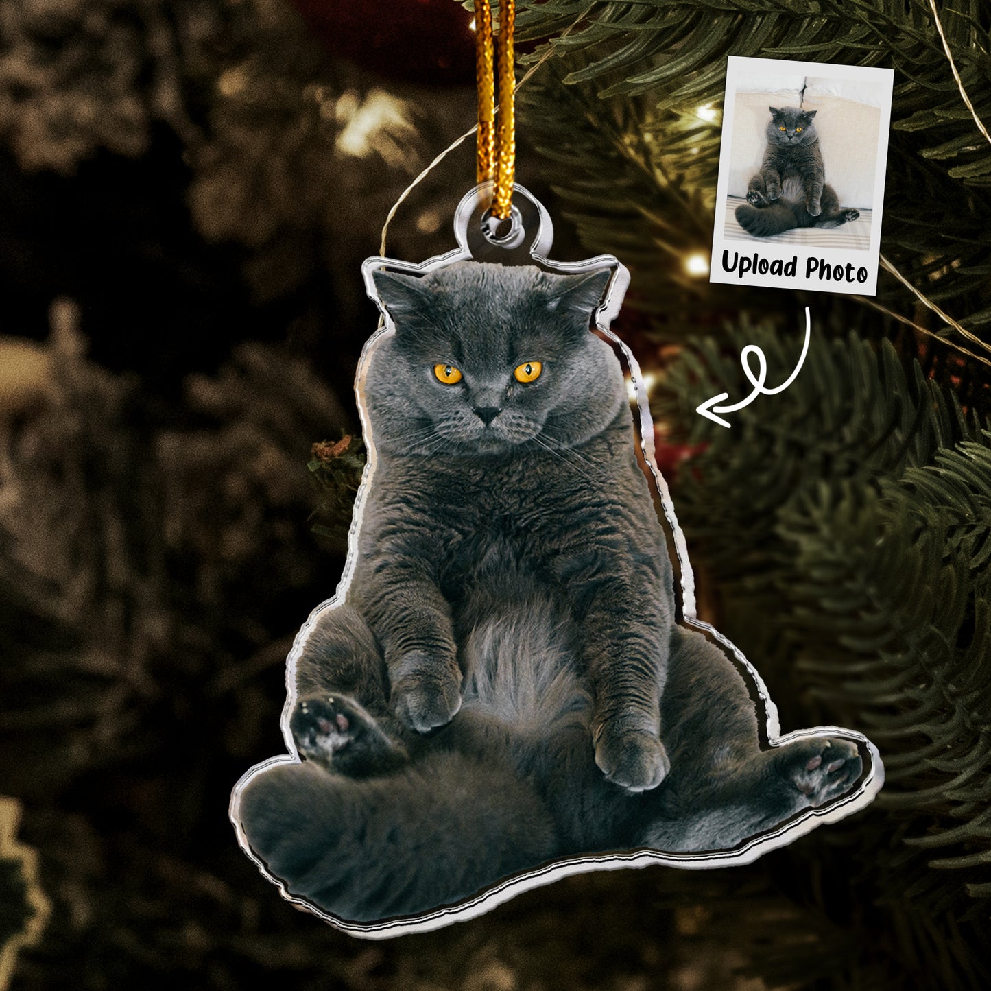 Gray Cat Ornament - Grey Cat Ornament - Personalized Acrylic Photo Ornament