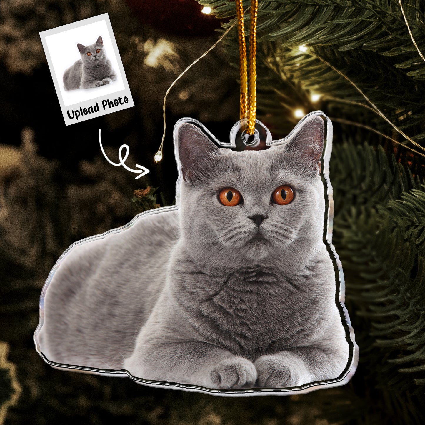 Gray Cat Ornament - Grey Cat Ornament - Personalized Acrylic Photo Ornament