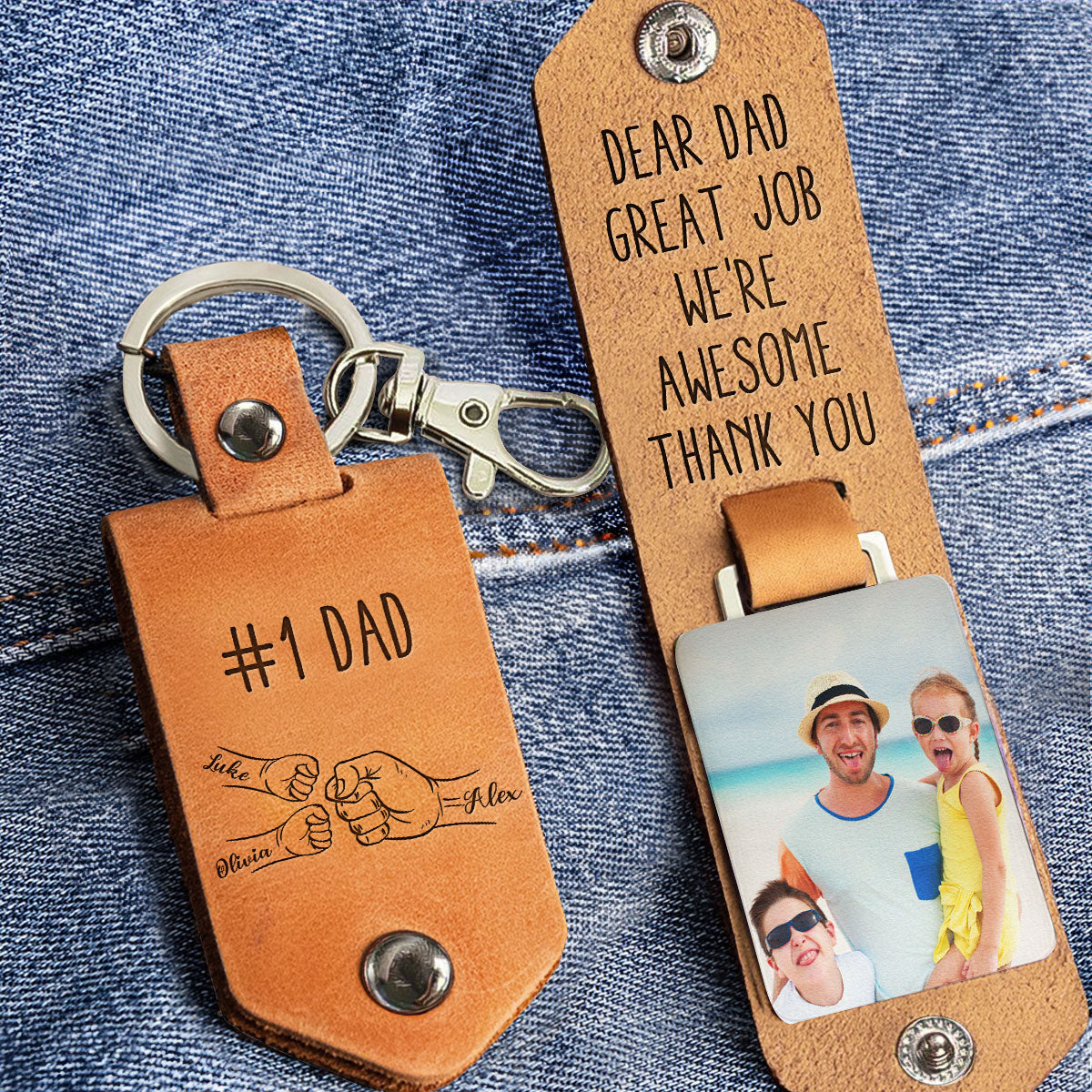 Great Job Dad We're Awesome - Personalized Leather Photo Keychain