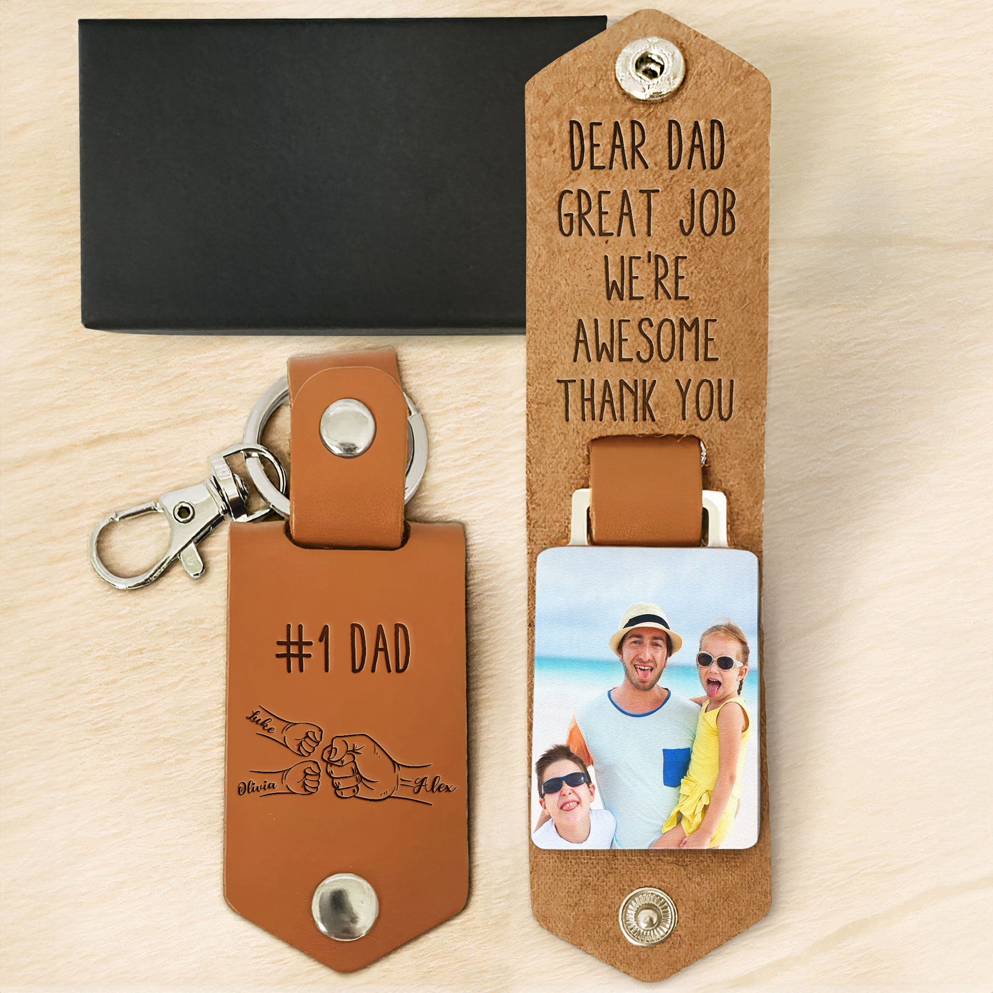 Great Job Dad We're Awesome - Personalized Leather Photo Keychain