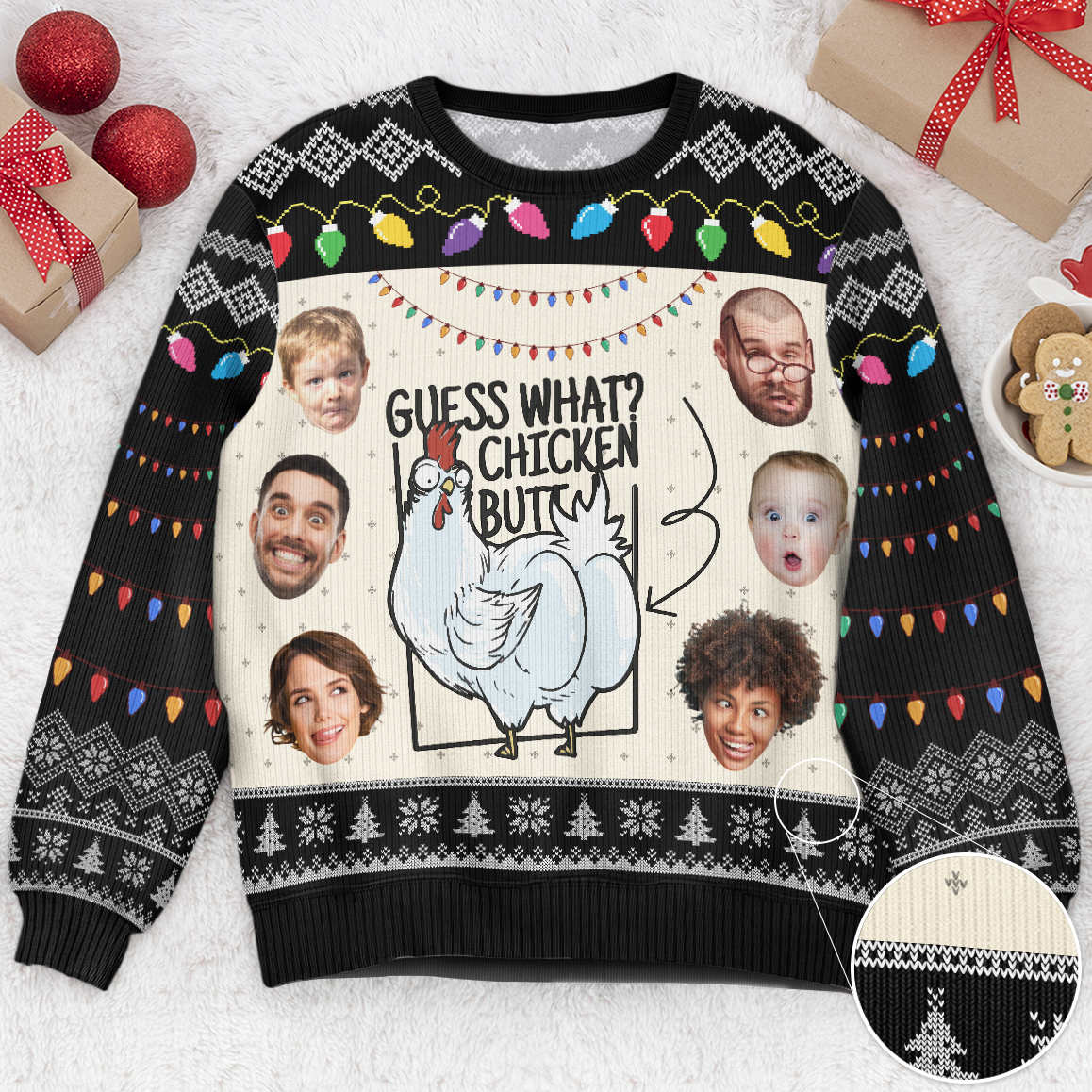 Guess What? Funny Chicken Cluck Custom Face - Personalized Photo Ugly Sweater