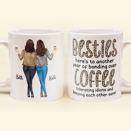 Here's To Another Year Of Bonding Over Coffee - Personalized Mug - Birthday, New Year Gift For Besties, Soul Sisters, Sistas, BFF, Friends - Leopard Pattern Jacket Women