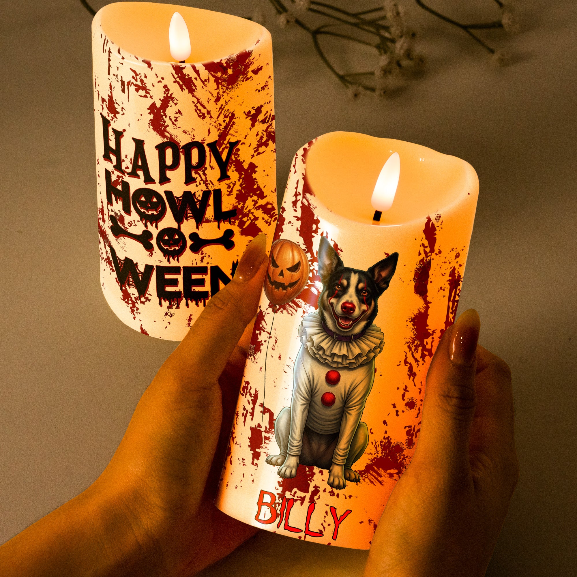 Halloween-Decor-Custom-Pet-Photo-Happy-Howloween-Scary-Clown-Personalized-Candles