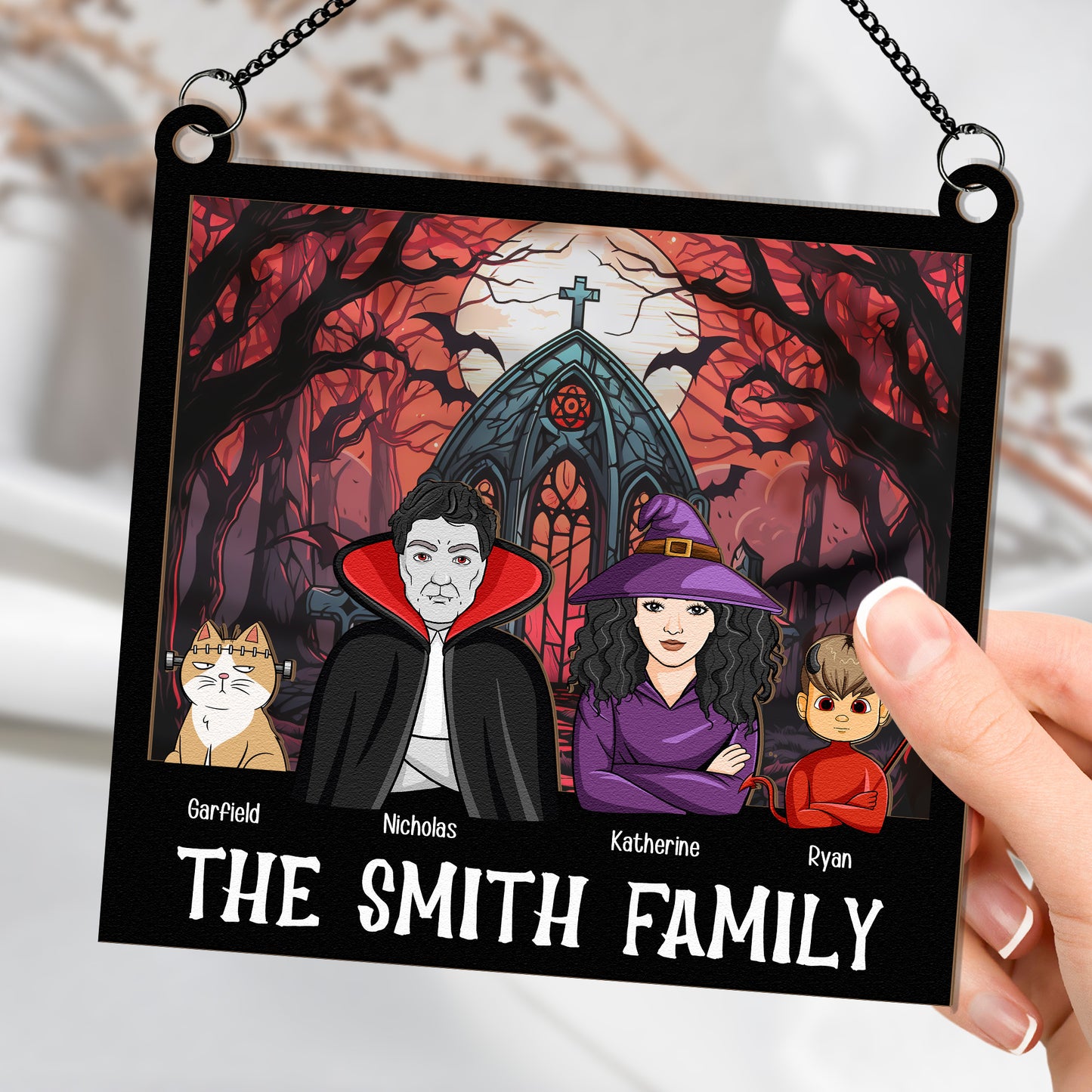 Halloween Family Monster Characters - Personalized Window Hanging Suncatcher Ornament