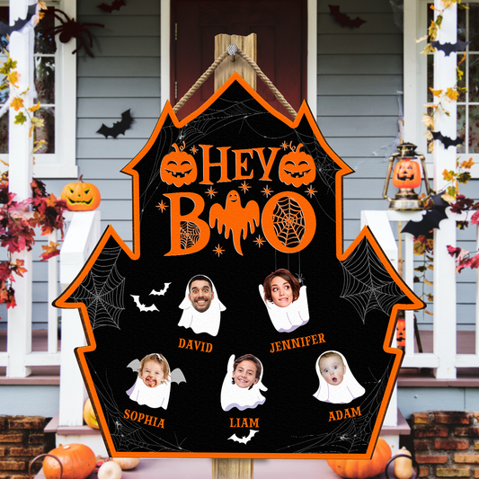 Halloween Hey Boo Custom Funny Face - Personalized Wood Photo Sign