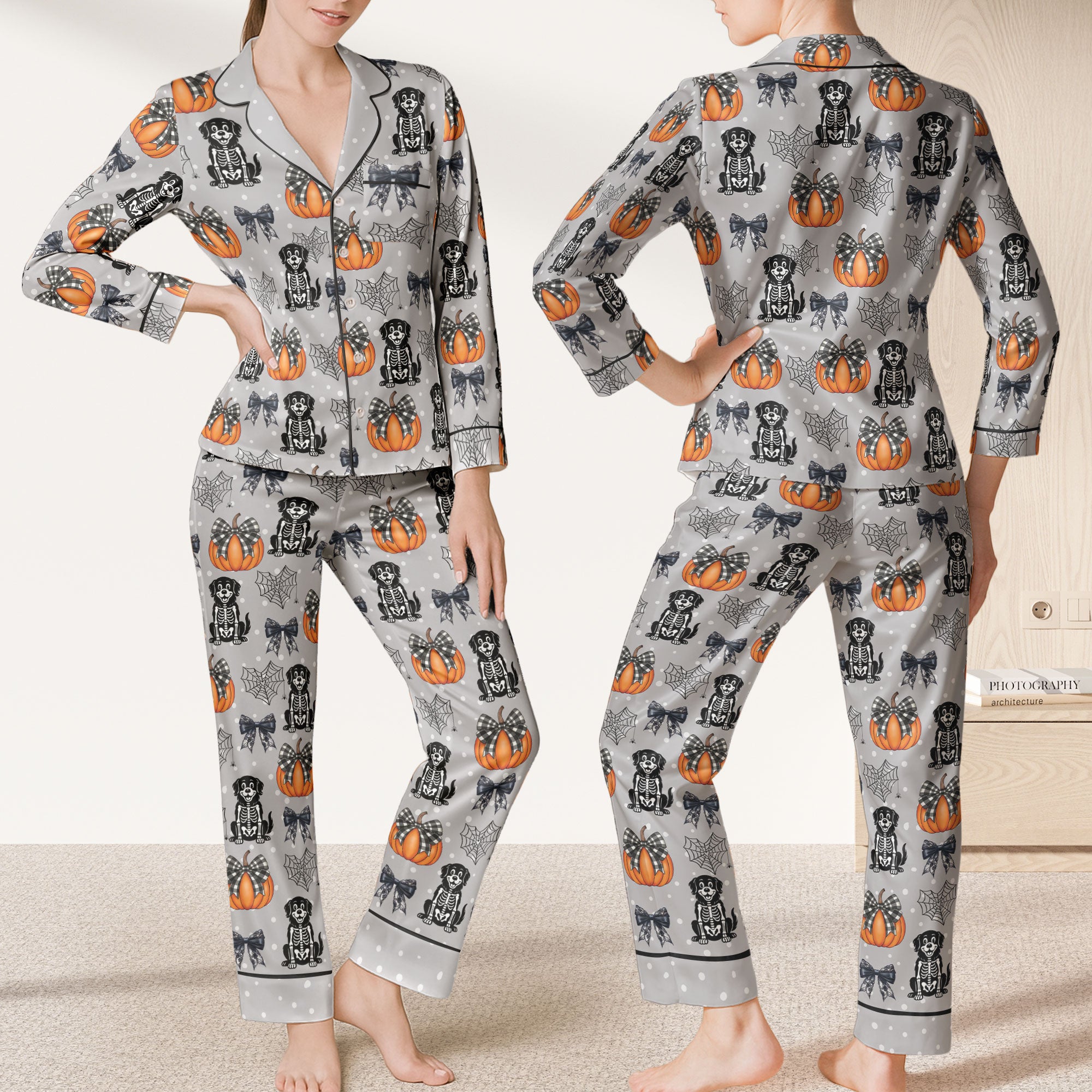 Halloween Pet Pumpkins Spiderwebs Coquette Bows - Personalized Satin Pajama Set