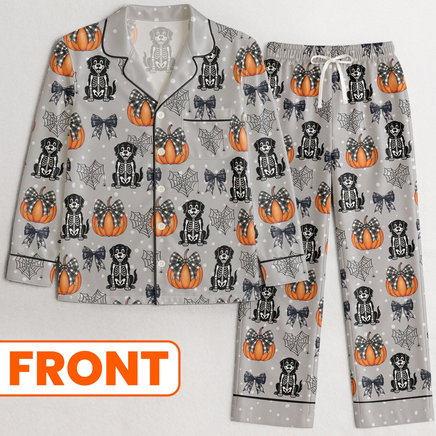 Halloween Pet Pumpkins Spiderwebs Coquette Bows - Personalized Satin Pajama Set