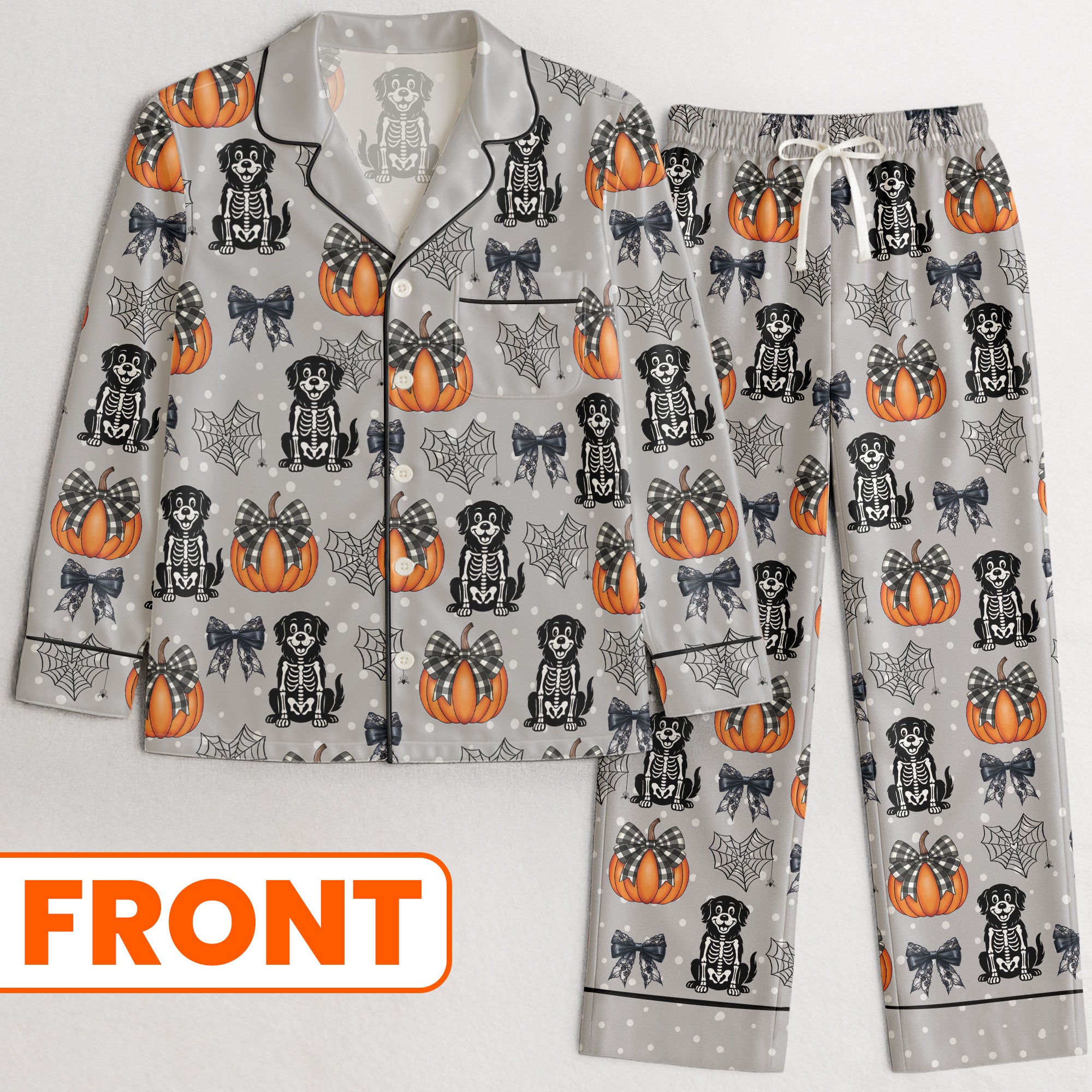 Halloween Pet Pumpkins Spiderwebs Coquette Bows - Personalized Satin Pajama Set
