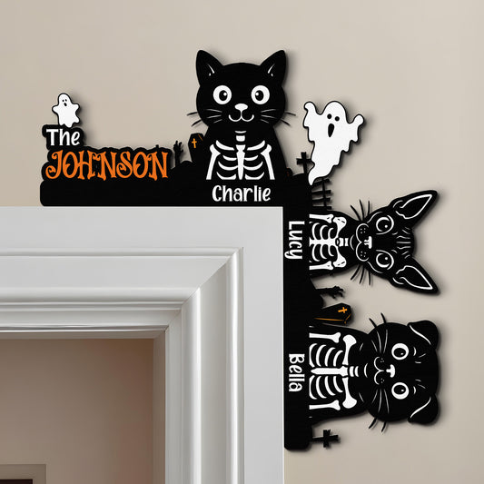Halloween Skeleton Pet With Custom Family Name - Personalized Door Corner Wood Sign
