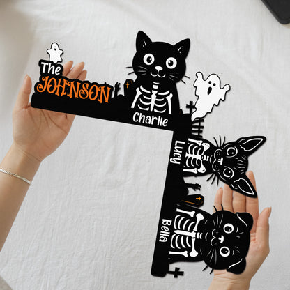 Halloween Skeleton Pet With Custom Family Name - Personalized Door Corner Wood Sign