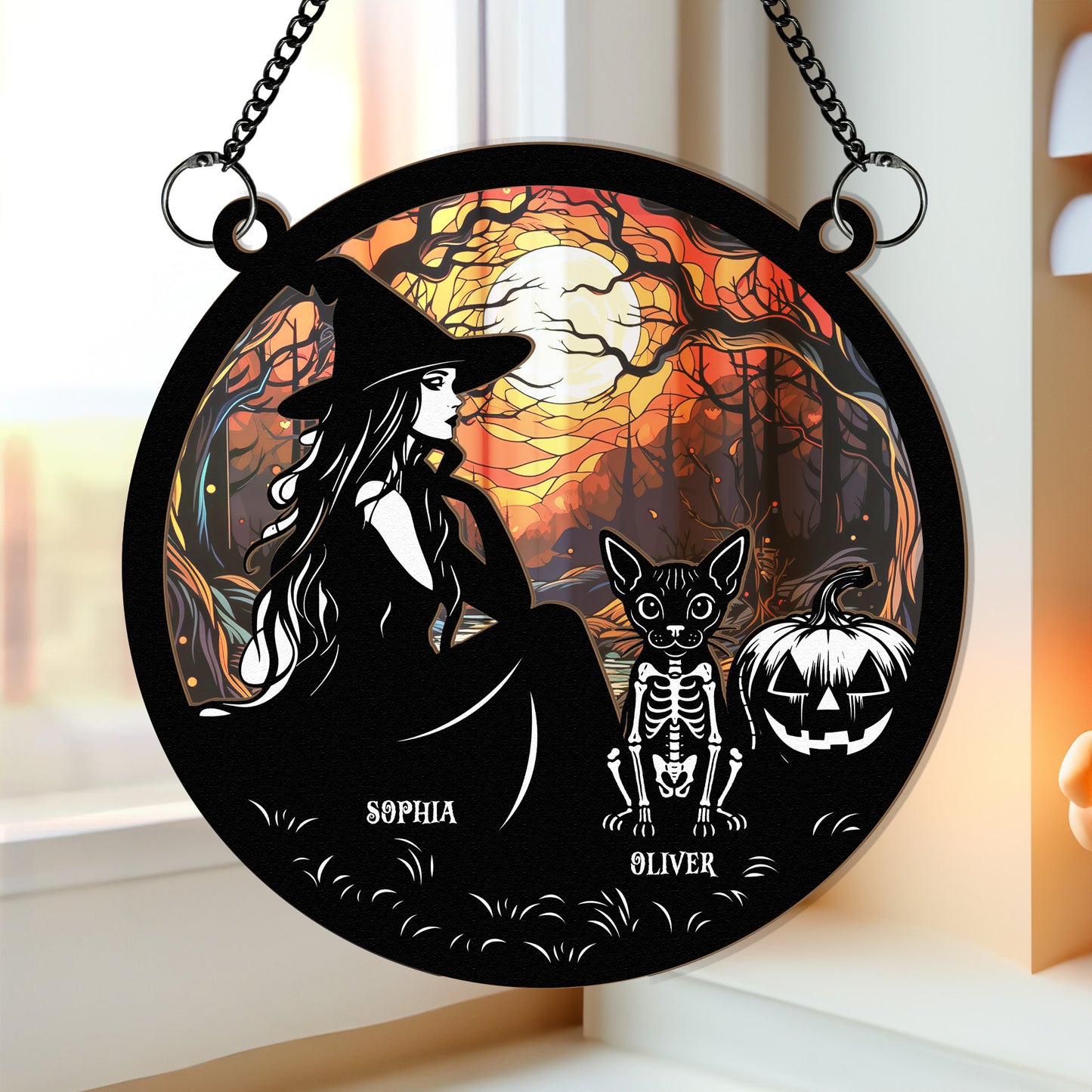 Halloween Witch And Cats Skeleton - Personalized Window Hanging Suncatcher Ornament