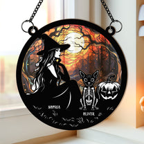 Halloween Witch And Cats Skeleton - Personalized Window Hanging Suncatcher Ornament