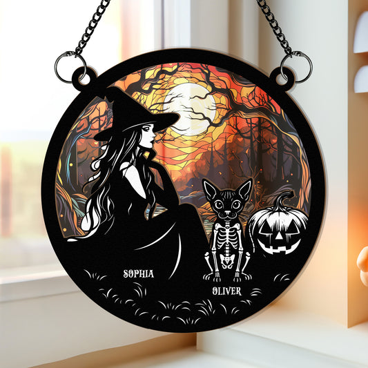 Halloween Witch And Cats Skeleton - Personalized Window Hanging Suncatcher Ornament