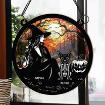 Halloween Witch And Cats Skeleton - Personalized Window Hanging Suncatcher Ornament