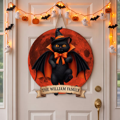 Halloween Black Cat Vampire Halloween Moon - Personalized Wood Sign
