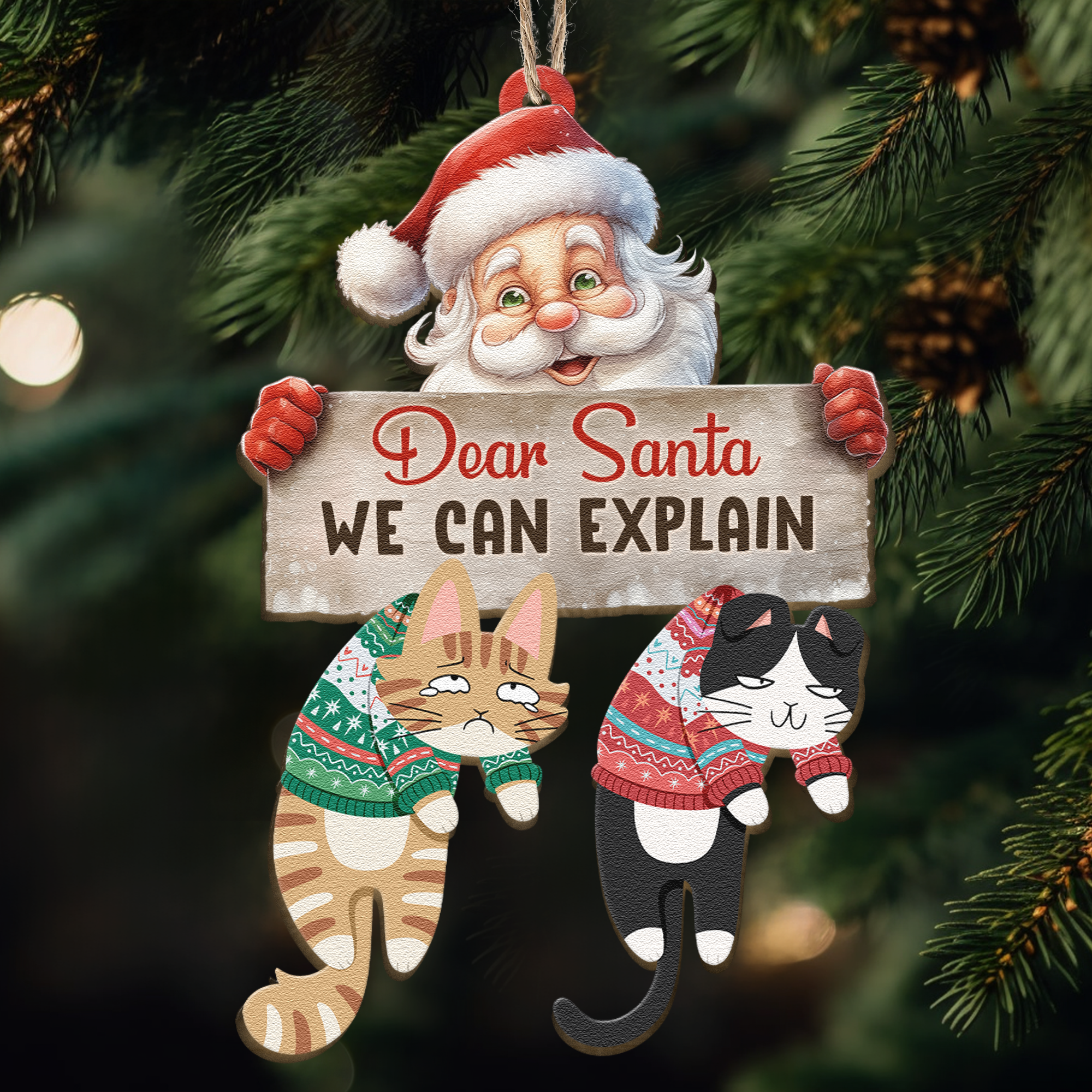 Hanging Cats Christmas Time - Personalized Wooden Ornament