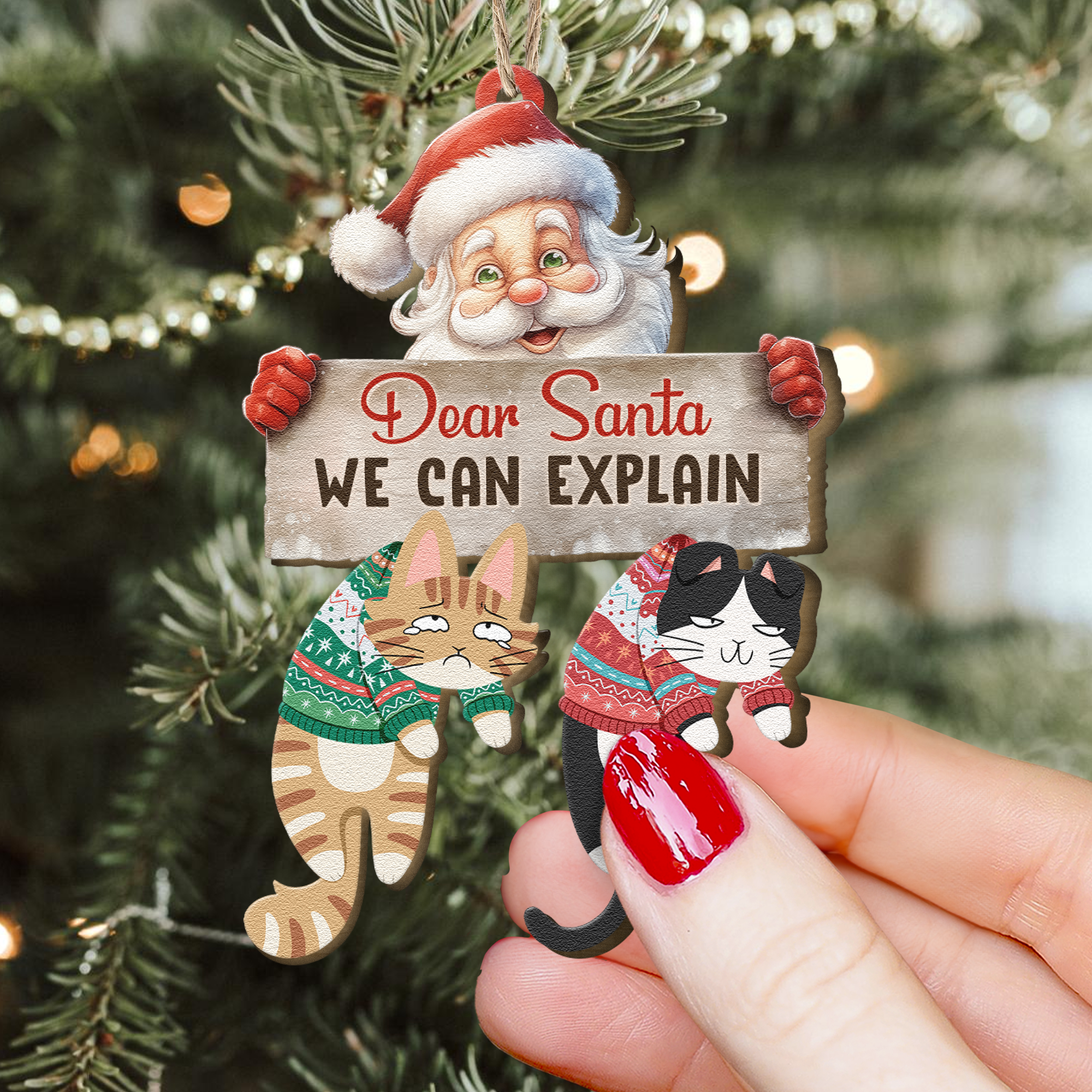 Hanging Cats Christmas Time - Personalized Wooden Ornament