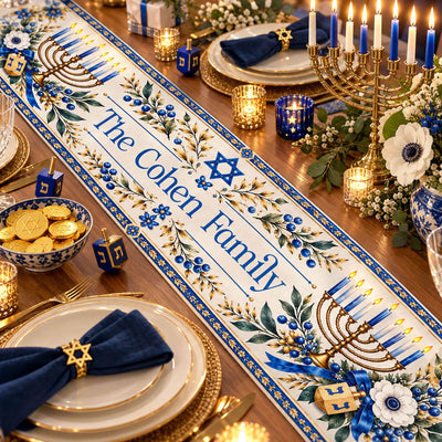 Hanukkah Table Runner, Blue Gold Menorah Linen Dining Decor, Jewish Holiday Table Centerpiece - Personalized Table Runner