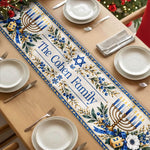 Hanukkah Table Runner, Blue Gold Menorah Linen Dining Decor, Jewish Holiday Table Centerpiece - Personalized Table Runner