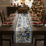 Hanukkah Table Runner, Blue Gold Menorah Linen Dining Decor, Jewish Holiday Table Centerpiece - Personalized Table Runner