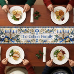 Hanukkah Table Runner, Blue Gold Menorah Linen Dining Decor, Jewish Holiday Table Centerpiece - Personalized Table Runner