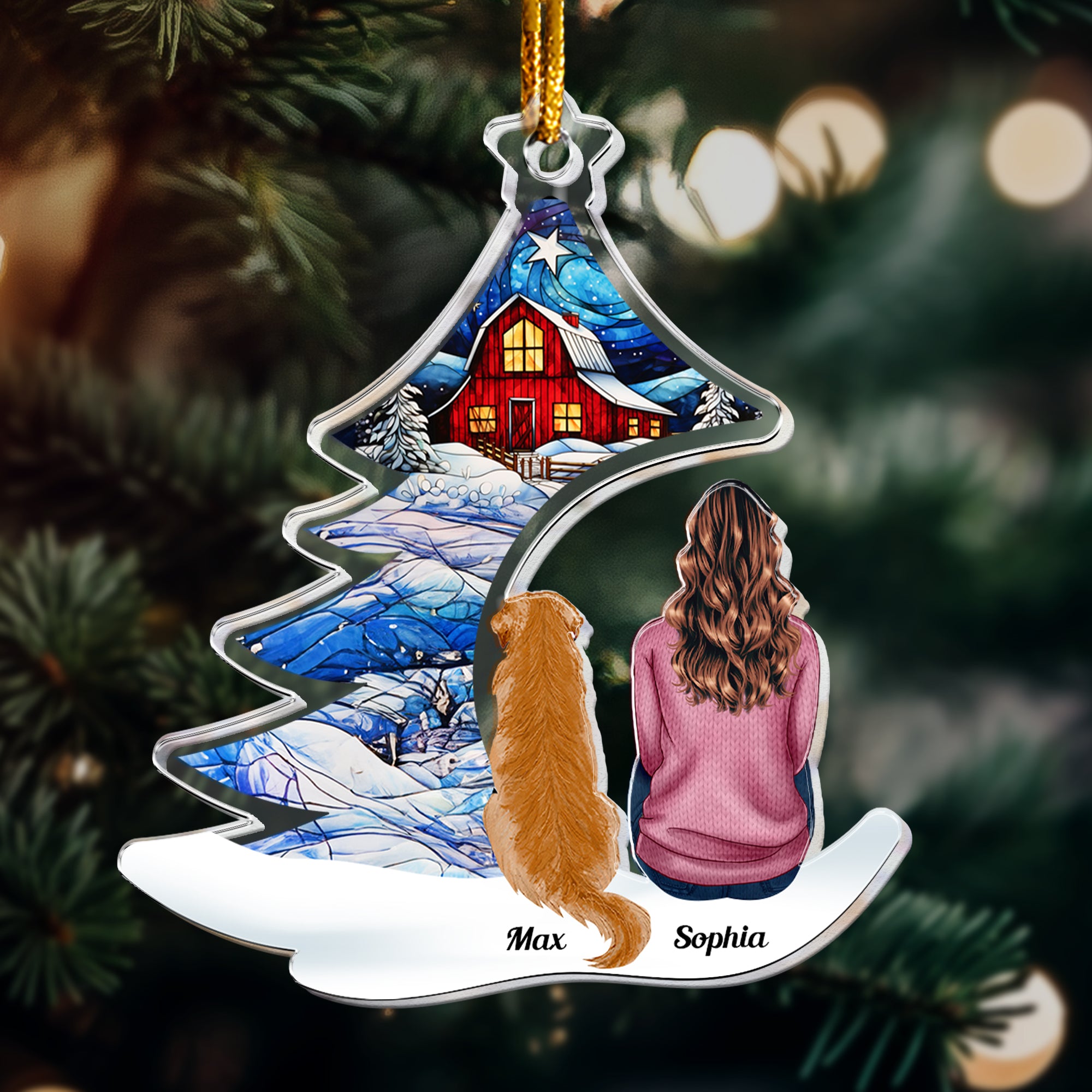 Happily Sitting With Dogs, Cats Under Christmas Tree - Personalized Acrylic Ornament