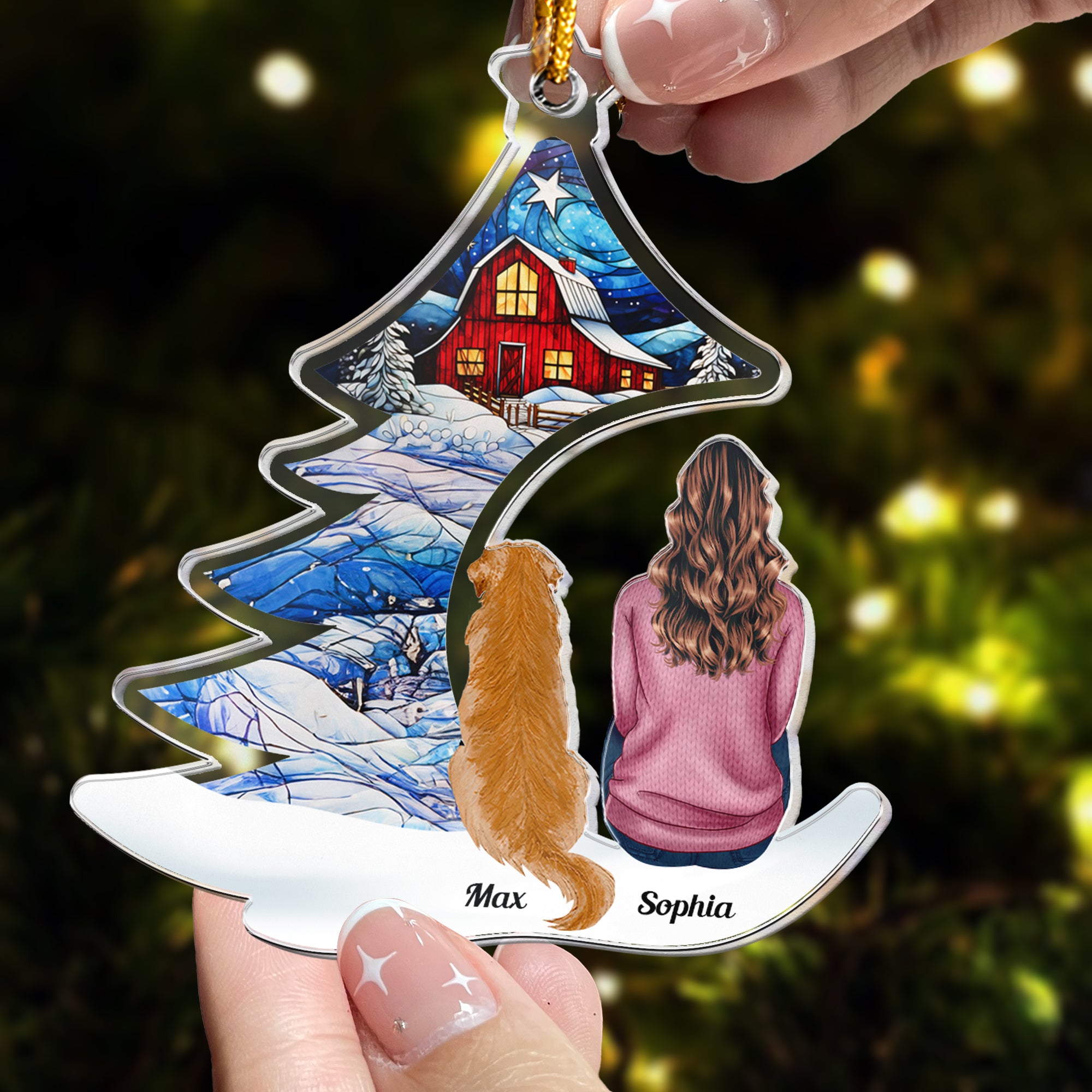 Happily Sitting With Dogs, Cats Under Christmas Tree - Personalized Acrylic Ornament