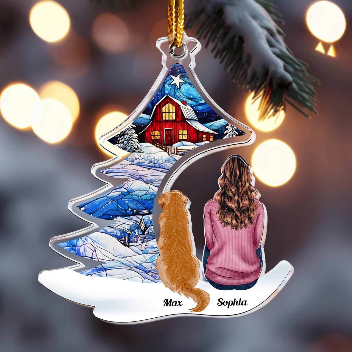 Happily Sitting With Dogs, Cats Under Christmas Tree - Personalized Acrylic Ornament