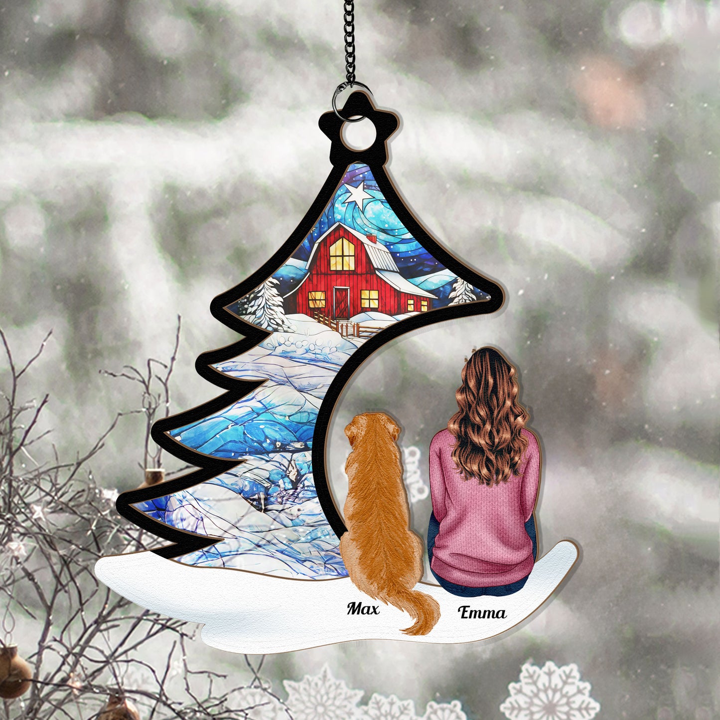 Happily Sitting With Dogs, Cats Under Christmas Tree - Personalized Window Hanging Suncatcher Ornament