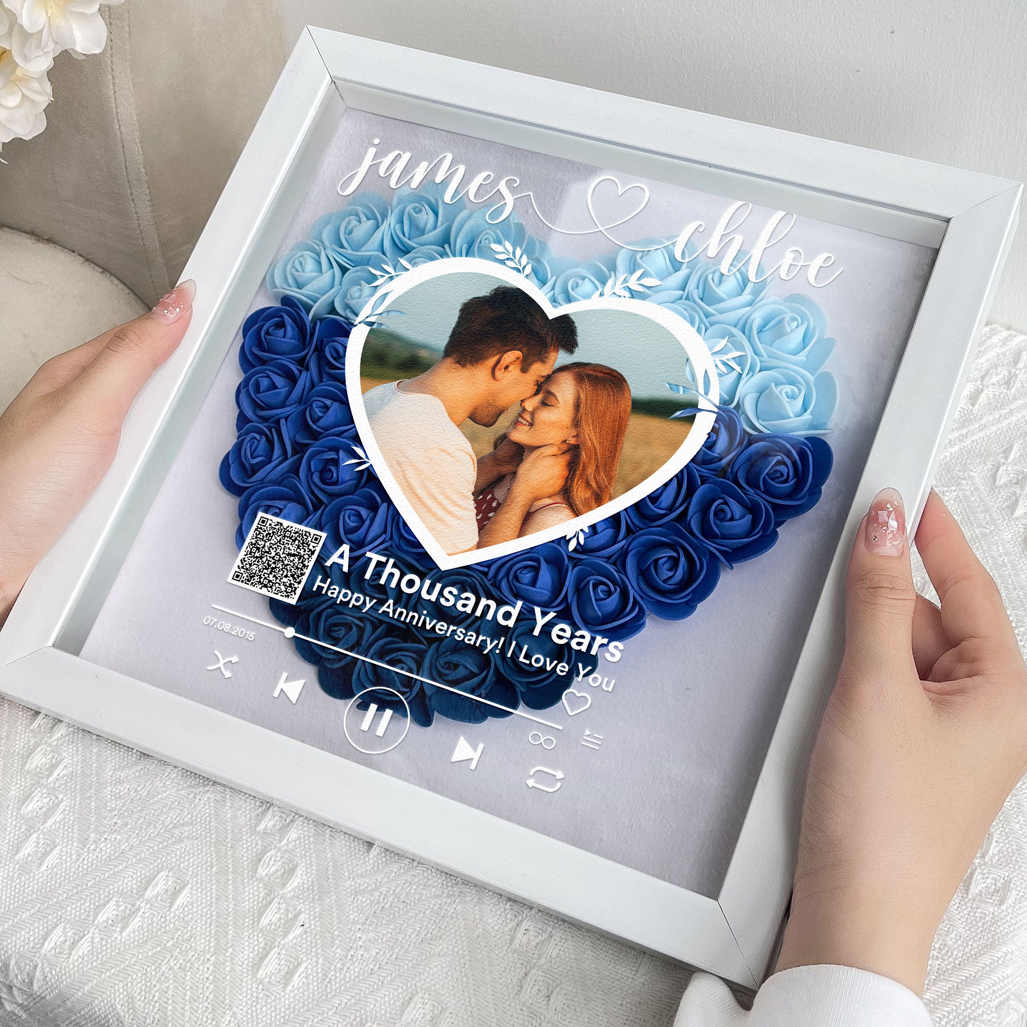 Happy Anniversary QR Song/Sound - Personalized Photo Flower Shadow Box With LED Light