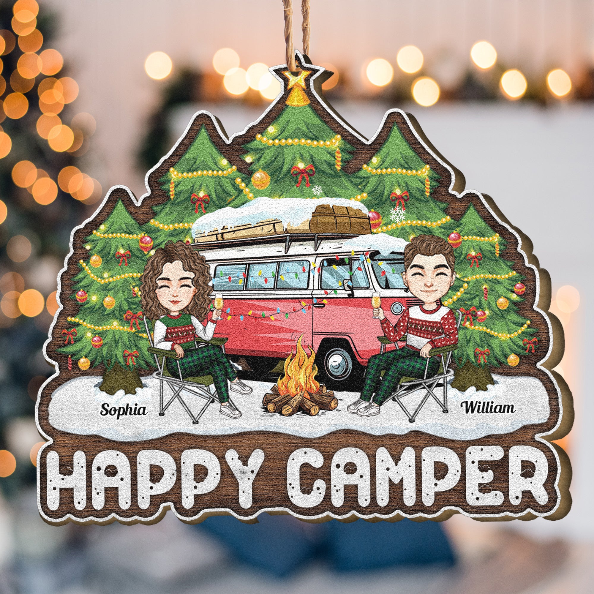 Happy Camper Camping Couples - Personalized Custom Shaped Wooden Ornament