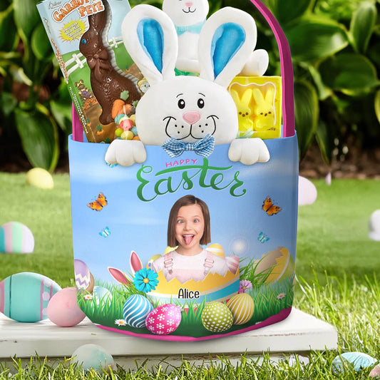 Happy Easter Kid With Easter Eggs - Personalized Photo Easter Basket