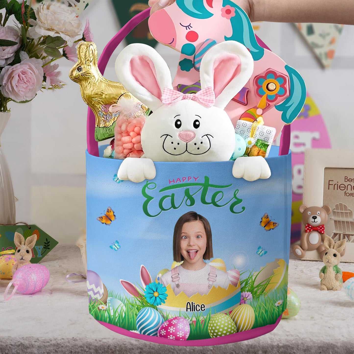 Happy Easter Kid With Easter Eggs - Personalized Photo Easter Basket