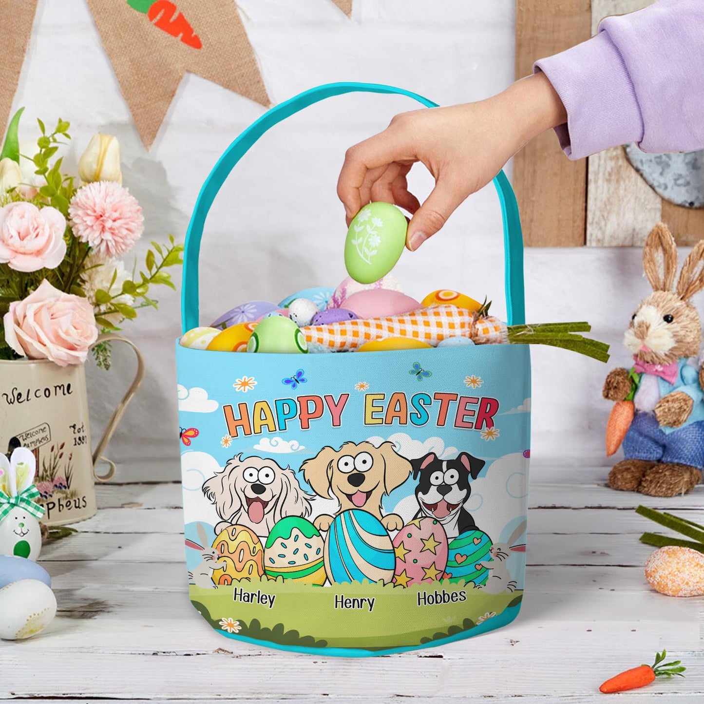 Happy Easter With Pet And Easter Eggs - Personalized Easter Basket