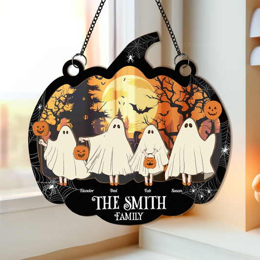 Happy Ghost Family Halloween - Personalized Window Hanging Suncatcher Ornament