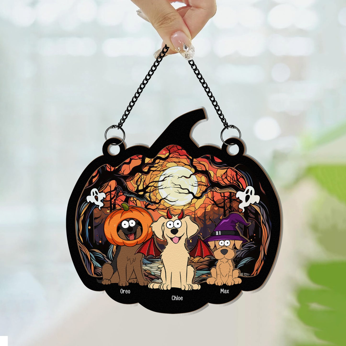 Happy Halloween With Fur Babies - Personalized Window Hanging Suncatcher Ornament