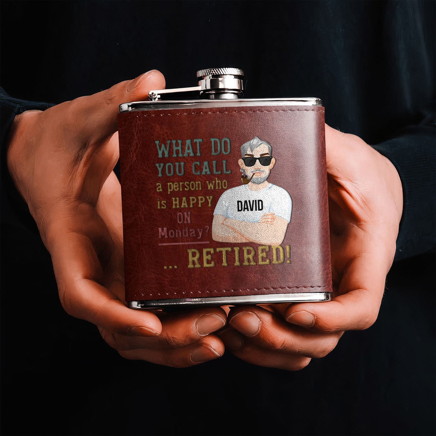 Happy Person On Monday - Personalized Leather Flask