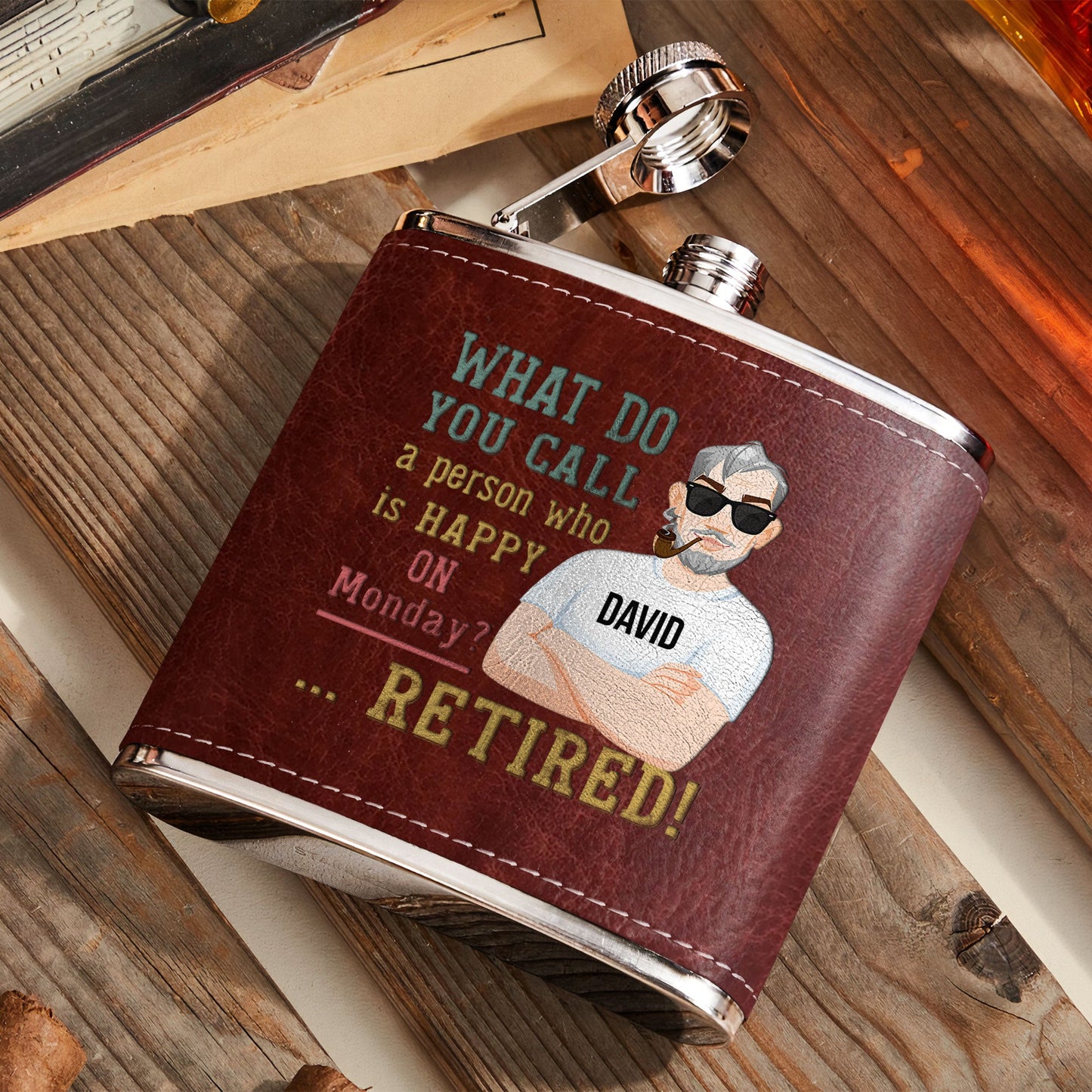 Happy Person On Monday - Personalized Leather Flask