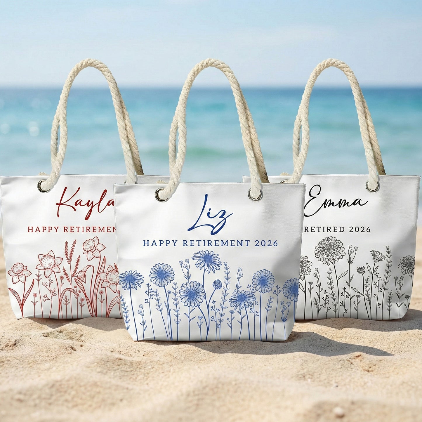 Happy Retirement Custom Birth Flower & Name - Personalized Beach Bag