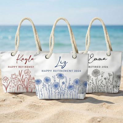 Happy Retirement Custom Birth Flower & Name - Personalized Beach Bag