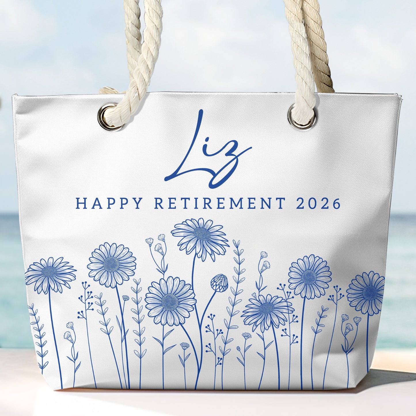 Happy Retirement Custom Birth Flower & Name - Personalized Beach Bag